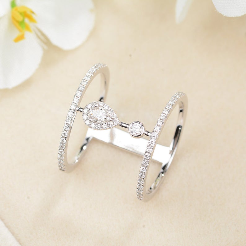 1.20 Ct Pear & Round Cut Diamond 925 Sterling Silver Cage Double Cuff Ring Anniversary Gift For Her