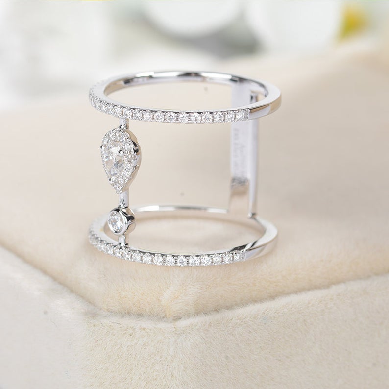 1.20 Ct Pear & Round Cut Diamond 925 Sterling Silver Cage Double Cuff Ring Anniversary Gift For Her