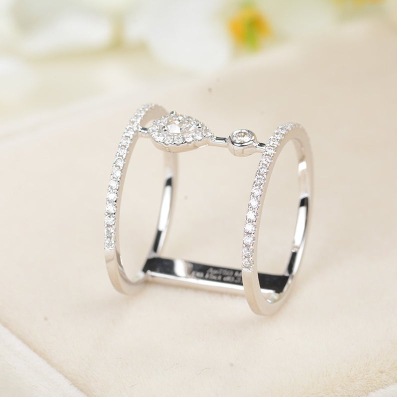 1.20 Ct Pear & Round Cut Diamond 925 Sterling Silver Cage Double Cuff Ring Anniversary Gift For Her