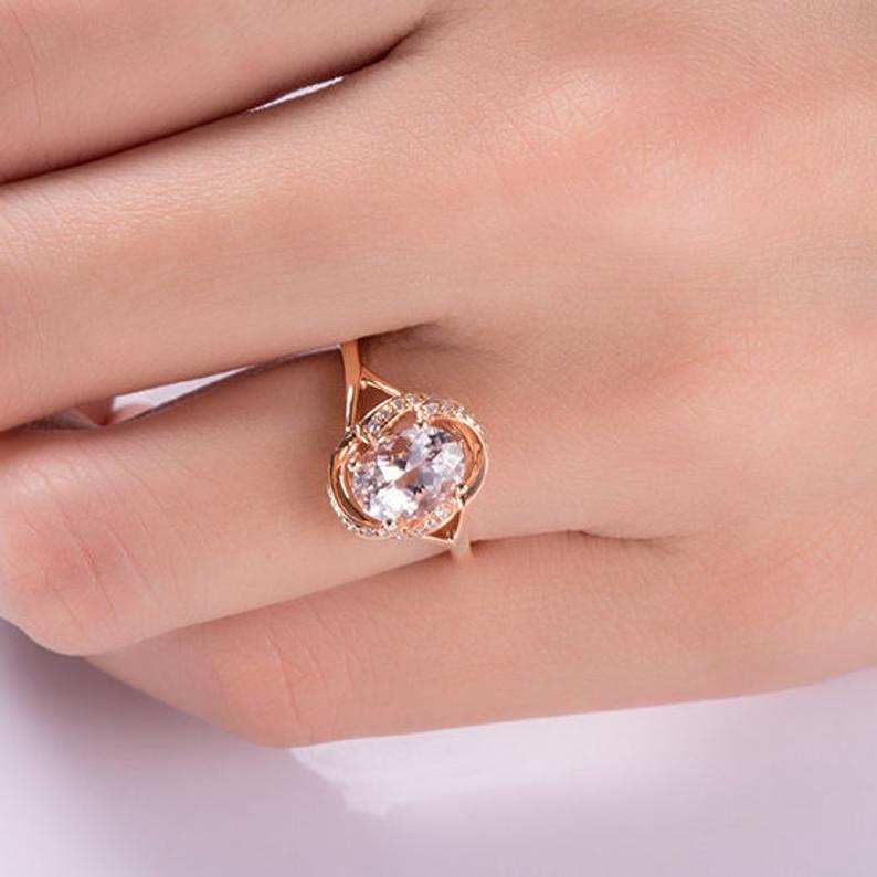 1 CT Oval Cut Morganite Diamond Rose Gold Over On 925 Sterling Silver Halo Split Shank Flower Promise Ring