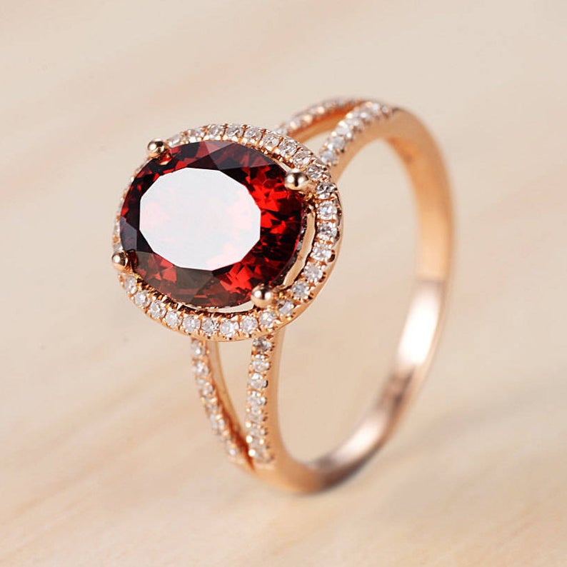 1 CT Oval Cut Garnet Diamond Rose Gold Over On 925 Sterling Silver Halo Anniversary Ring