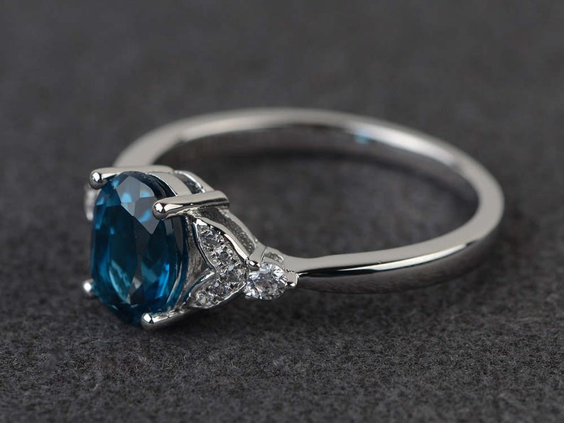 1 CT 925 Sterling Silver Blue Topaz Oval Cut Diamond Engagement Promise Ring