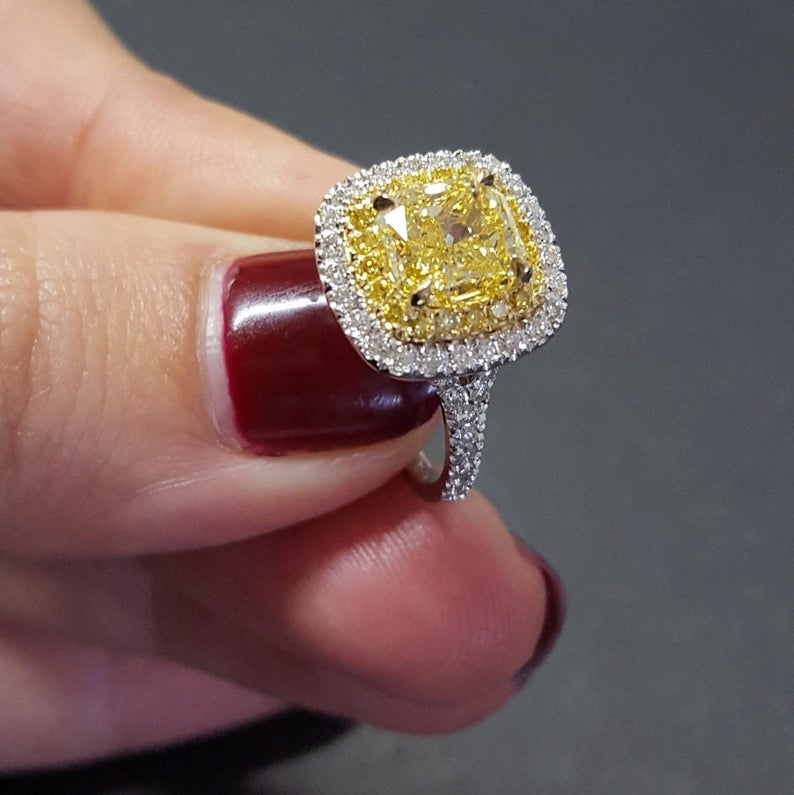 1 CT Cushion Cut Citrine Diamond White Gold Over On 925 Sterling Silver Double Halo Engagement Ring