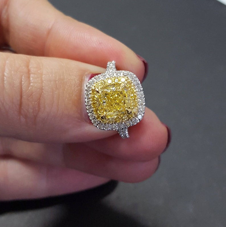 1 CT Cushion Cut Citrine Diamond White Gold Over On 925 Sterling Silver Double Halo Engagement Ring