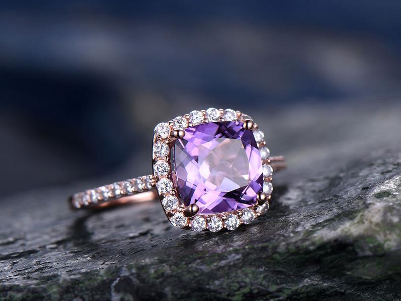 1 CT Cushion Cut Amethyst Diamond Rose Gold Over On 925 Sterling Silver Halo Promise Ring