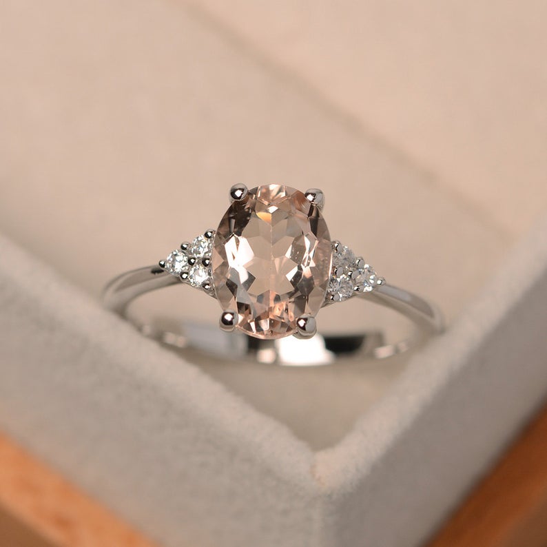 1.50 Ct Oval Cut Peach Morganite 925 Sterling Silver Solitaire W/Accents Anniversary Ring