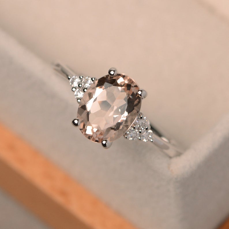 1.50 Ct Oval Cut Peach Morganite 925 Sterling Silver Solitaire W/Accents Anniversary Ring