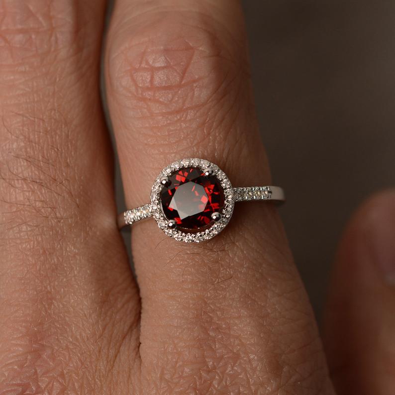 1.25 Ct Round Cut Red Garnet 925 Sterling Silver Halo Diamond Anniversary Gift Ring For Her