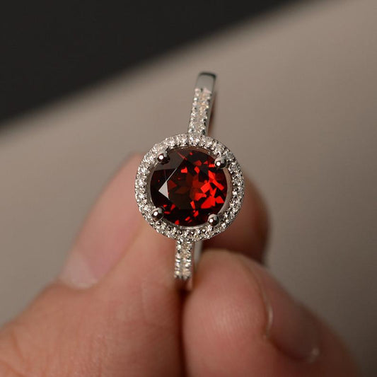 1.25 Ct Round Cut Red Garnet 925 Sterling Silver Halo Diamond Anniversary Gift Ring For Her