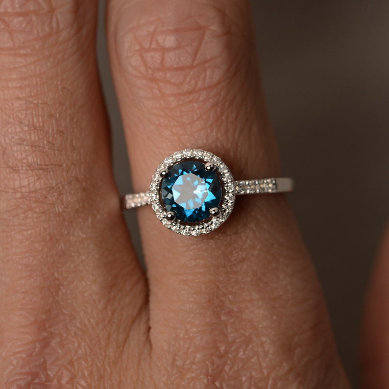 1.25 Ct Round Cut London Blue Topaz 925 Sterling Silver Halo Engagement Ring