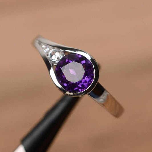 1.20 Ct Round Cut Purple Amethyst & White CZ Unique February Birthstone Ring In 925 Sterling Silver