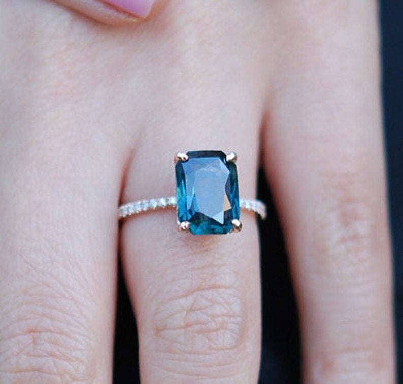 1 CT Emerald Cut London Blue Topaz Diamond Rose Gold Over On 925 Sterling Silver Engagement Ring