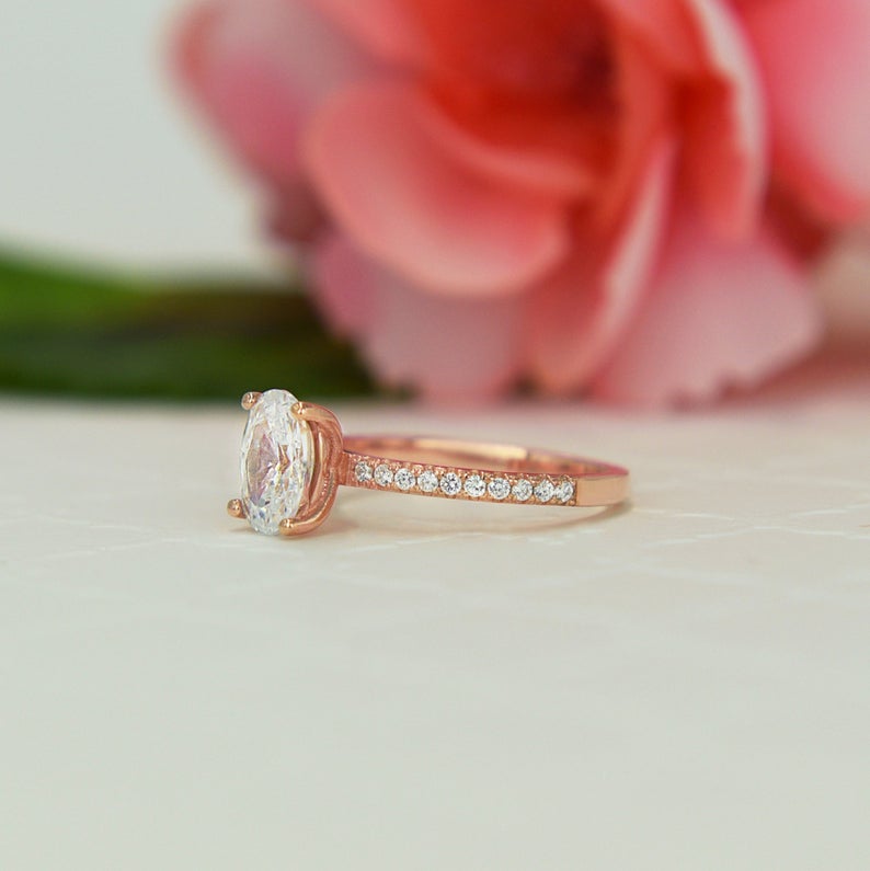 1.25 CT Oval Cut Diamond Rose Gold Over On 925 Sterling Silver Engagement Ring