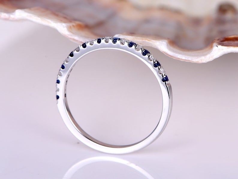 1.20 CT Round Cut Blue Sapphire Diamond White Gold Over On 925 Sterling Silver Half Eternity Band Ring