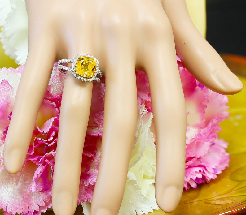1 CT Cushion Cut Citrine and Round Cut Diamond White Gold Over On 925 Sterling Silver Halo Wedding Ring