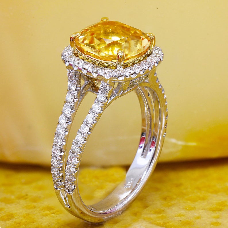 1 CT Cushion Cut Citrine and Round Cut Diamond White Gold Over On 925 Sterling Silver Halo Wedding Ring