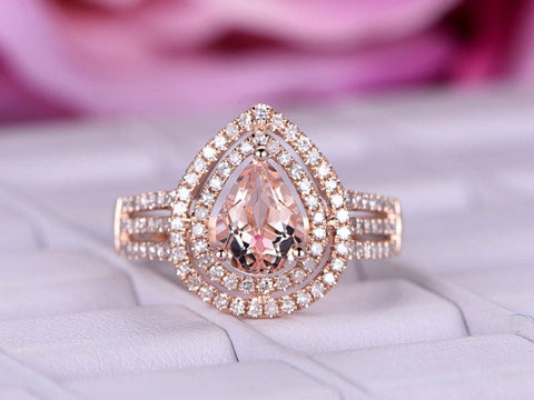 2 CT Pear Cut Morganite Diamond 925 Sterling Silver Double Halo Engagement Ring