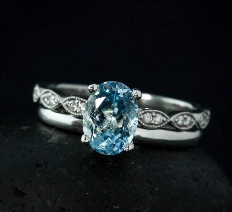 1 CT Oval Blue Aquamarine Diamond White Gold Over On  925 Sterling Silver Bridal Ring Set