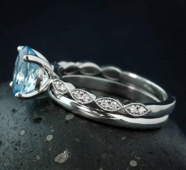 1 CT Oval Blue Aquamarine Diamond White Gold Over On  925 Sterling Silver Bridal Ring Set