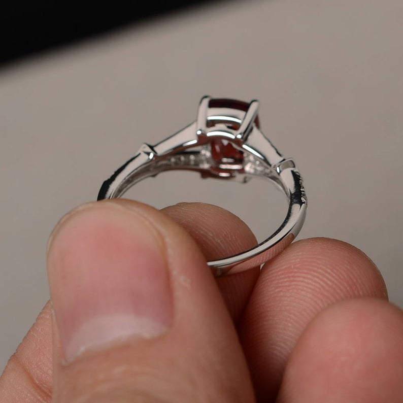 2.10 Ct Cushion Cut Red Garnet 925 Sterling Silver Solitaire W/Accents Engagement Ring