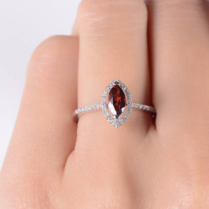 1 CT Marquise Cut Red Garnet Diamond 925 Sterling Silver Halo Wedding Ring