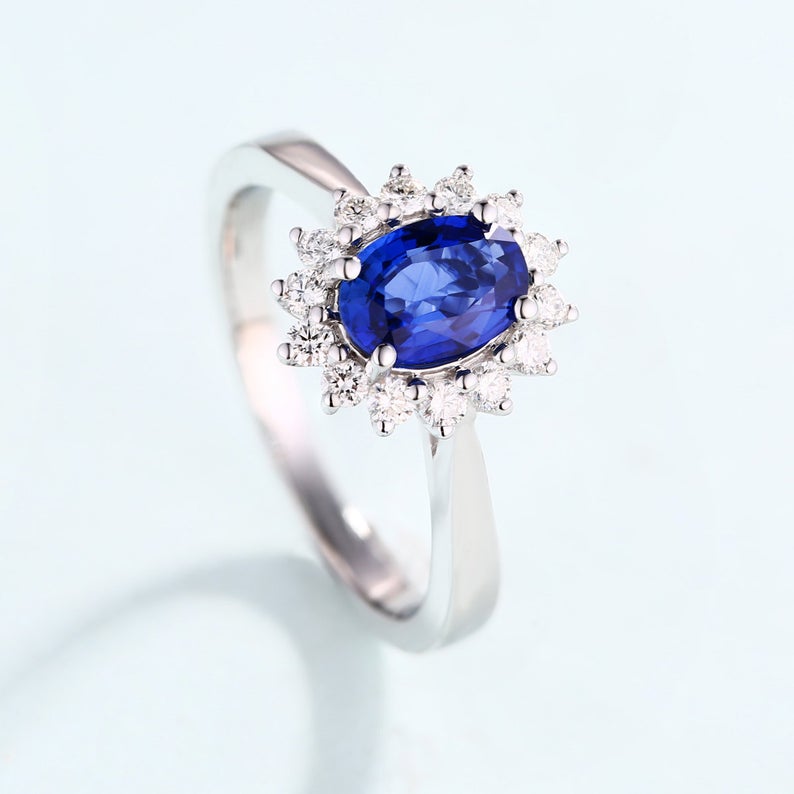 1 CT Oval Cut Blue Sapphire Diamond White Gold Over On 925 Sterling Silver Halo Engagement Ring