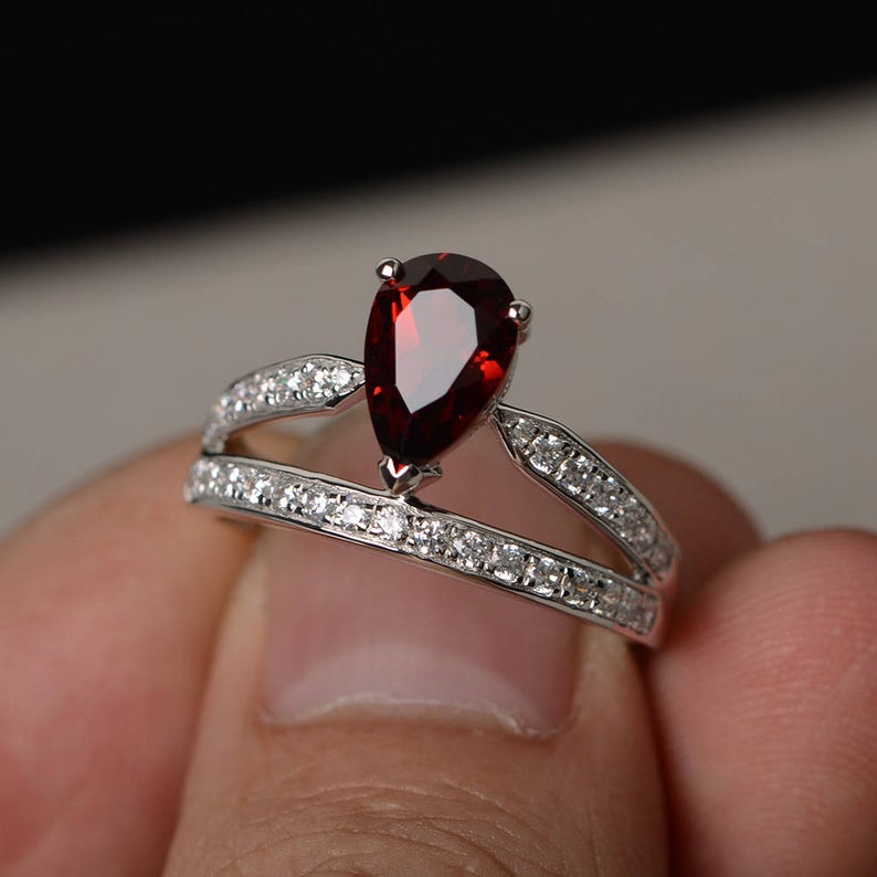 1.75 Ct Pear Cut Red Garnet 925 Sterling Silver Unique Crown Style Engagement Ring
