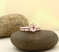 1 CT Oval Cut Morganite Diamond Rose Gold Over On 925 Sterling Silver Wedding Bridal Ring Set