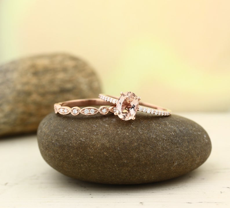 1 CT Oval Cut Morganite Diamond Rose Gold Over On 925 Sterling Silver Wedding Bridal Ring Set