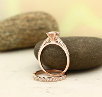 1 CT Oval Cut Morganite Diamond Rose Gold Over On 925 Sterling Silver Wedding Bridal Ring Set