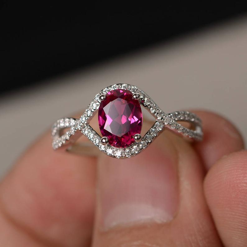 2.25 Ct Oval Cut Red Ruby 925 Sterling Silver Engagement Infinity Band Ring