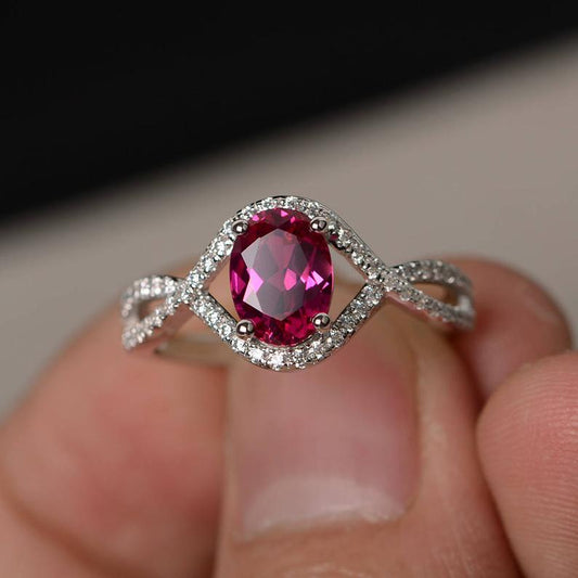 2.25 Ct Oval Cut Red Ruby 925 Sterling Silver Engagement Infinity Band Ring