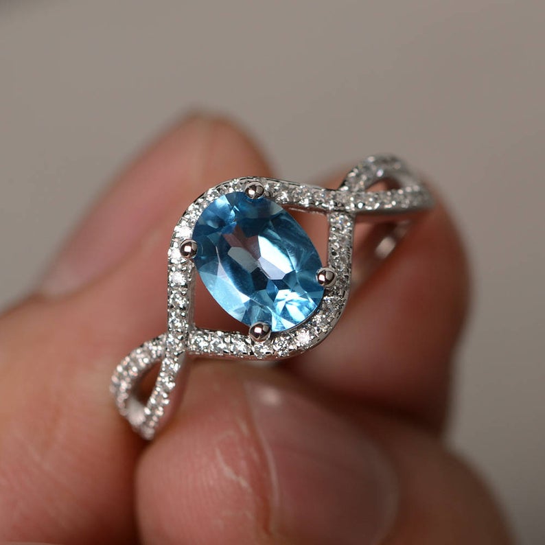 2.25 Ct Oval Cut Blue Topaz 925 Sterling Silver Infinity Engagement/Promise Ring