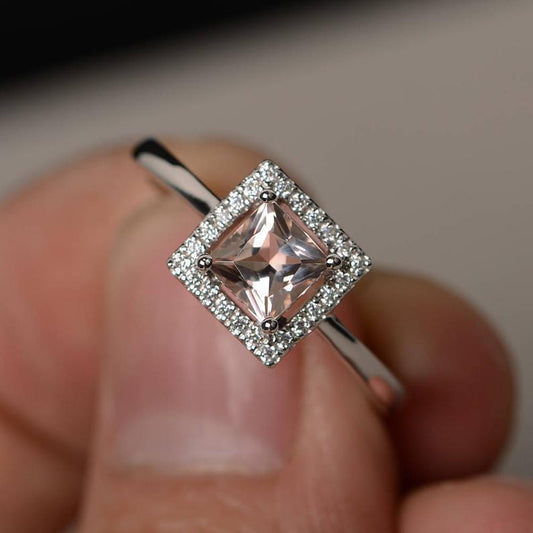 1.50 Ct Princess Cut Peach Morganite Halo Engagement Ring In 925 Sterling Silver