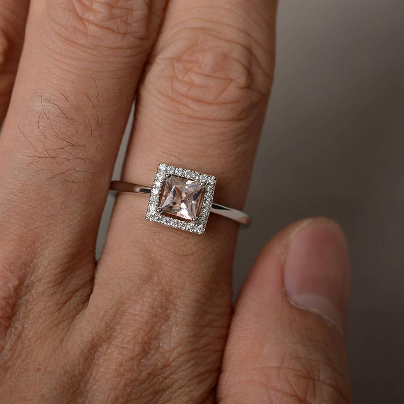 1.50 Ct Princess Cut Peach Morganite Halo Engagement Ring In 925 Sterling Silver