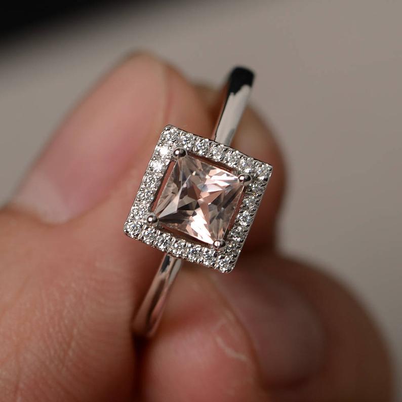 1.50 Ct Princess Cut Peach Morganite Halo Engagement Ring In 925 Sterling Silver