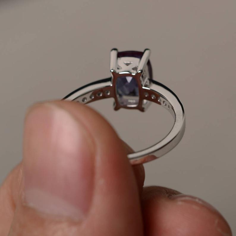 1.50 Ct Cushion Cut Alexandrite 925 Sterling Silver Solitaire W/Accents Engagement Ring