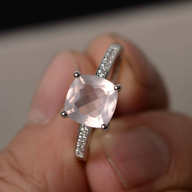 1.25 Ct Cushion Cut Pink Quartz 925 Sterling Silver Solitaire W/Accents Engagement Ring