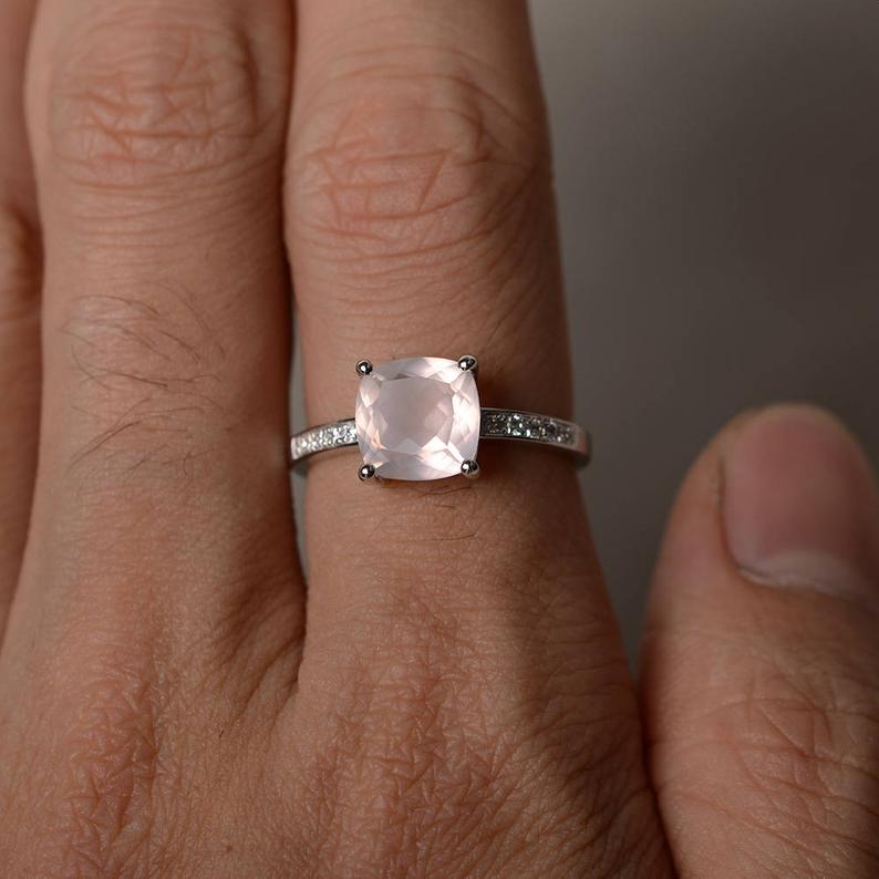 1.25 Ct Cushion Cut Pink Quartz 925 Sterling Silver Solitaire W/Accents Engagement Ring