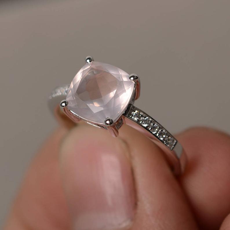 1.25 Ct Cushion Cut Pink Quartz 925 Sterling Silver Solitaire W/Accents Engagement Ring