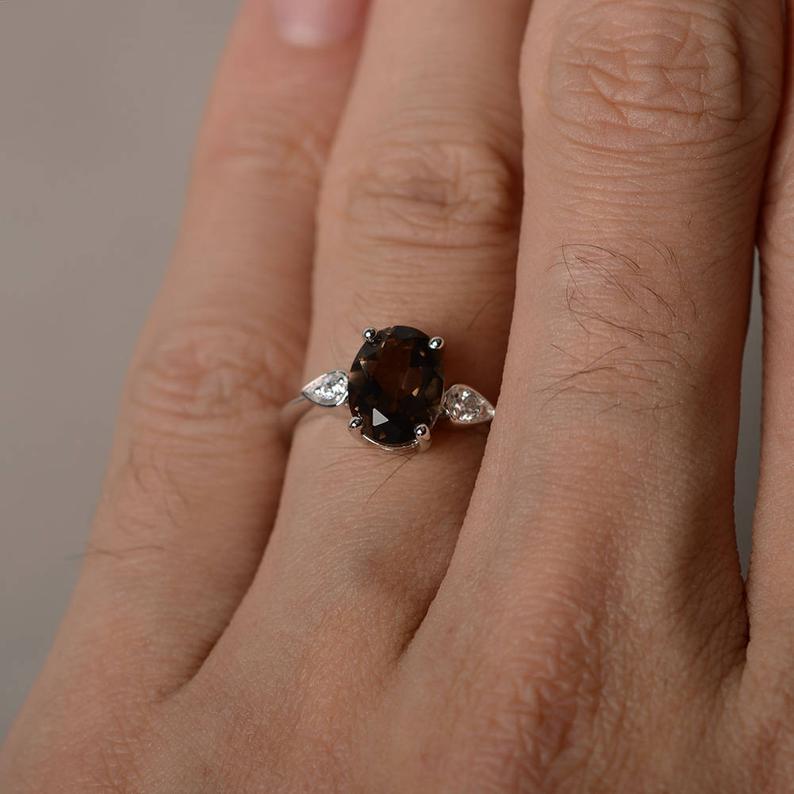 1.20 Ct Oval Cut Smoky Quartz Three-Stone Promise Gift Ring In 925 Sterling Silver