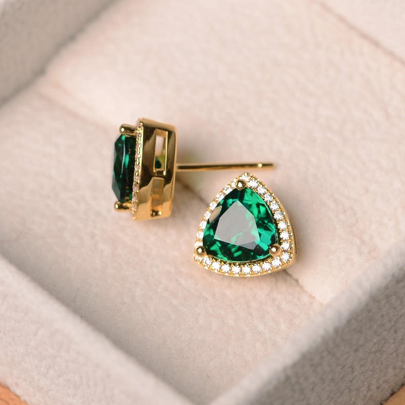 2.50 Ct Trillion Cut Green Emerald Yellow Gold Over On 925 Sterling Silver Halo Earrings