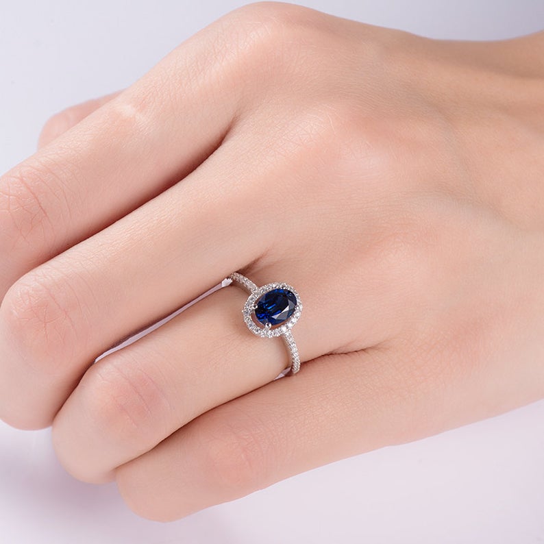 2 CT Oval Cut Blue Sapphire Diamond White Gold Over On 925 Sterling Silver Halo Anniversary Ring