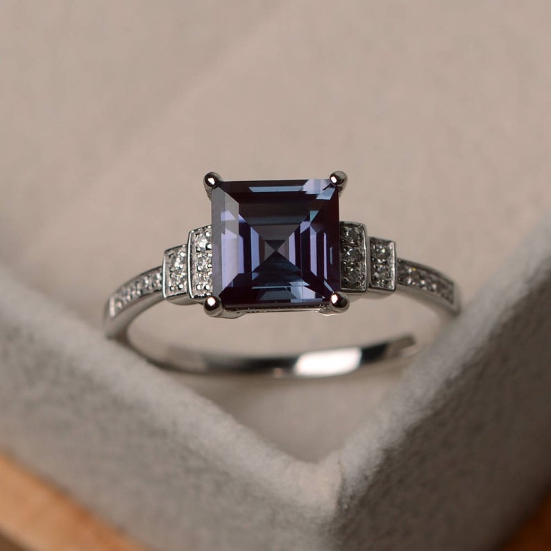 3.20 Ct Princess Cut Alexandrite White Gold Over On 925 Sterling Silver Engagement Ring