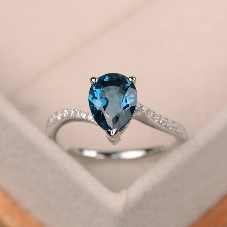 1.50 CT Pear Cut London Blue Topaz 925 Sterling Silver Solitaire W/Accents Promise Ring