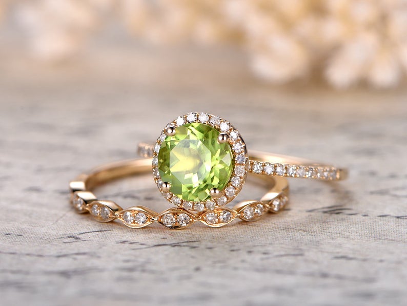 1 Ct Round Cut Peridot Diamond Yellow Gold Over On 925 Sterling Silver Bridal Wedding Ring Set