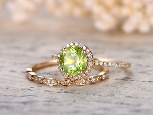 1 Ct Round Cut Peridot Diamond Yellow Gold Over On 925 Sterling Silver Bridal Wedding Ring Set
