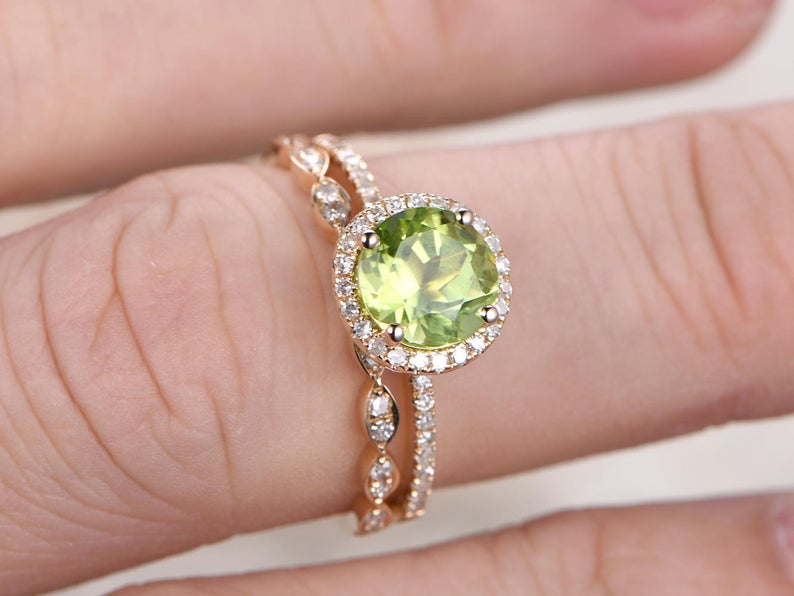 1 Ct Round Cut Peridot Diamond Yellow Gold Over On 925 Sterling Silver Bridal Wedding Ring Set