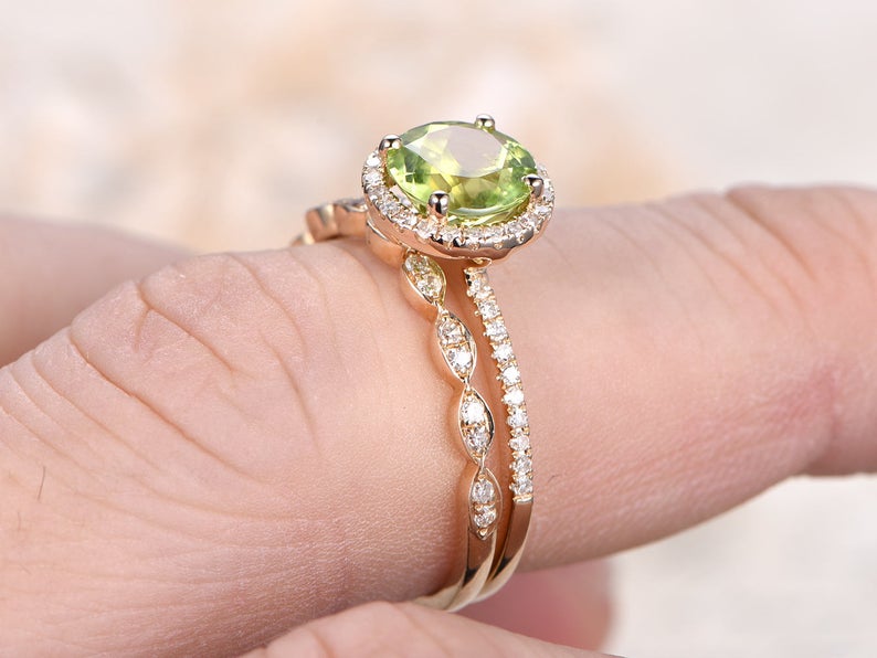 1 Ct Round Cut Peridot Diamond Yellow Gold Over On 925 Sterling Silver Bridal Wedding Ring Set