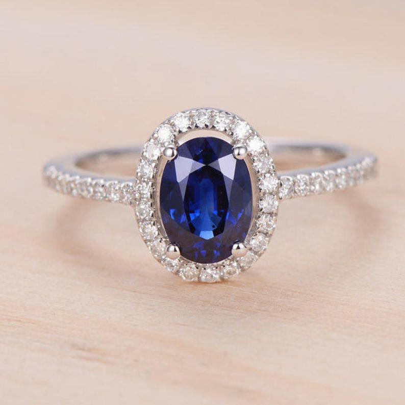 1 CT Oval Cut Blue Sapphire Diamond 925 Sterling Silver Halo Engagement Ring